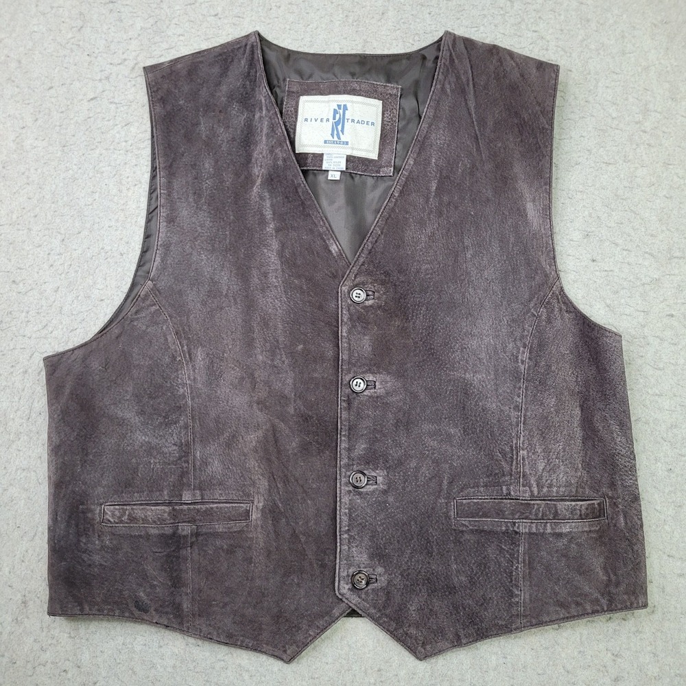 Vintage River Trader Vest Mens XL Brown Suede Leather Western Rancher Cowboy‎